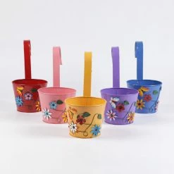 Exotic Flora Set Of Five Flower Embossed Railing Pots