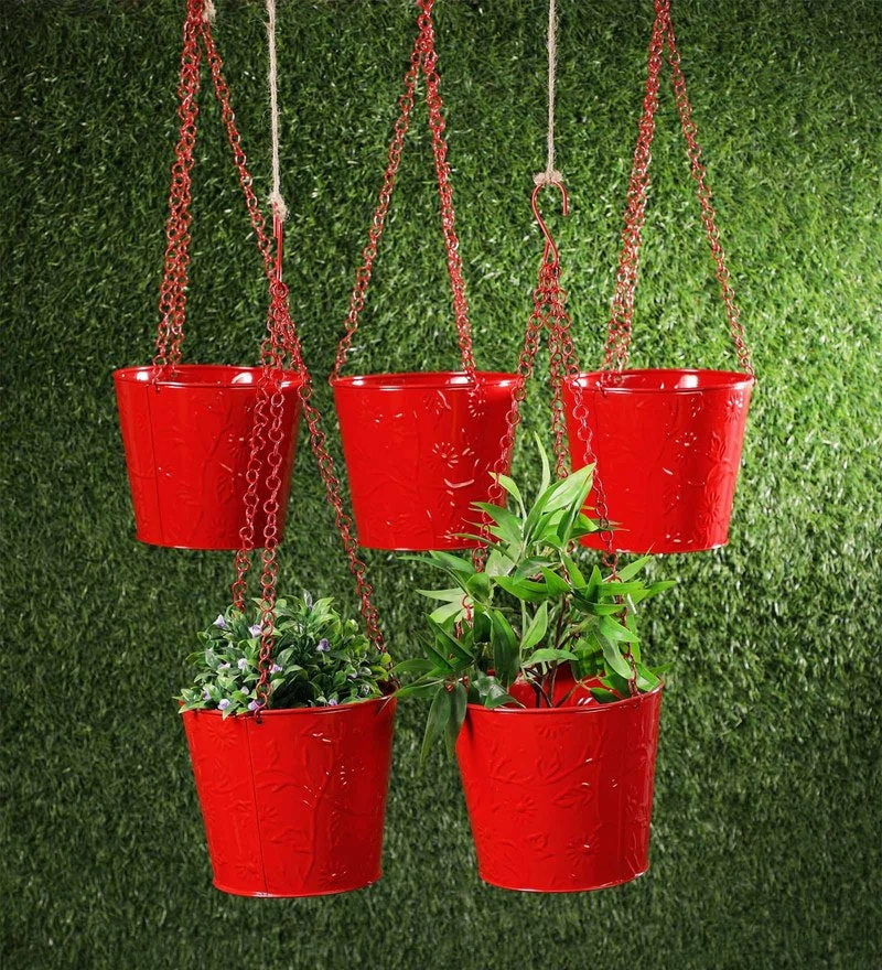 Exotic Flora Set Of Five Hanging Bucket Red Pots & Planters 1 Exotic Flora Set Of Five Hanging Bucket Red Pots & Planters