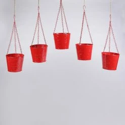 Exotic Flora Set Of Five Hanging Bucket Red Pots & Planters
