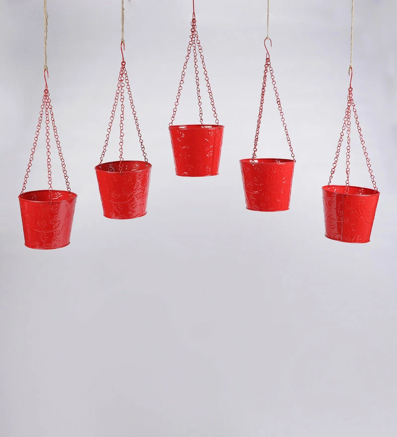 Exotic Flora Set Of Five Hanging Bucket Red Pots & Planters 2 Exotic Flora Set Of Five Hanging Bucket Red Pots & Planters