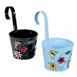 Exotic Flora Pots & Planters Set Of Two Flower Embossed Railing Planter Blue & Black