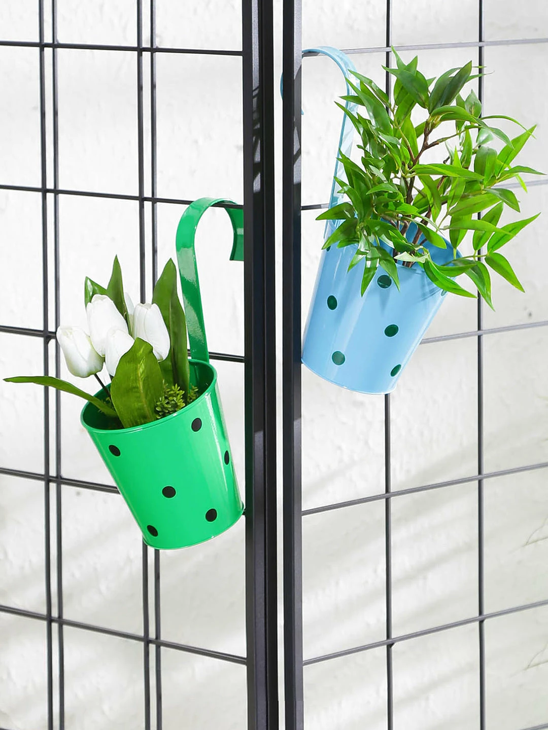 Exotic Flora Pots & Planters Set Of Two Railling Pot Polka Blue & Green 1 Exotic Flora Pots & Planters Set Of Two Railling Pot Polka Blue & Green