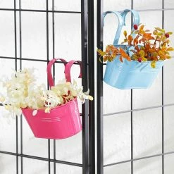 Exotic Flora Pots & Planters Set Of Two Oval Railling Planter Small Blue & Pink