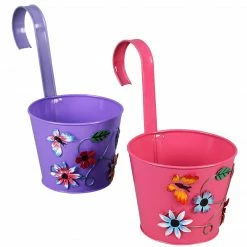 Exotic Flora Set Of Two Flower Embossed Railing Planter Pink & Purple