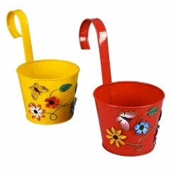 Exotic Flora Set Of Two Flower Embossed Railing Planter Red & Yellow Pots & Planters