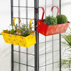 Exotic Flora Set Of Two Handpainted Rectangle Planter Red & Yellow Pots & Planters