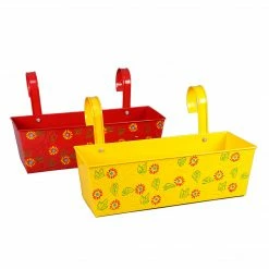 Exotic Flora Set Of Two Handpainted Rectangle Planter Red & Yellow Pots & Planters