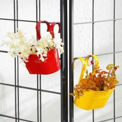 Exotic Flora Set Of Two Oval Railling Planter Small Yellow & Red Pots & Planters